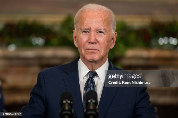 President Joe Biden delivers remarks at a news conference at the Filoli Estate on November 15, 2023 in Woodside, California. The news conference...