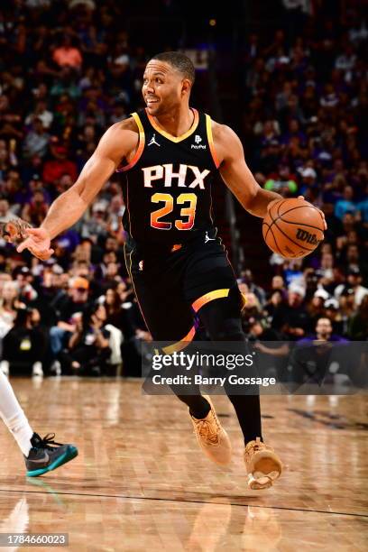Eric Gordon of the Phoenix Suns dribbles the ball during the game against the Minnesota Timberwolves on November 15, 2023 at Footprint Center in...