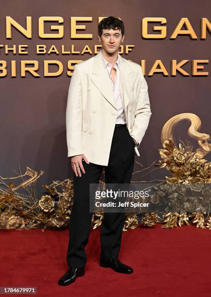Tom Blyth attends the World Premiere of "The Hunger Games: The Ballad of Songbirds & Snakes" at the BFI IMAX Waterloo on November 09, 2023 in London,...