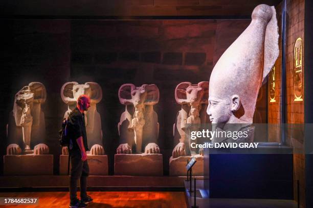 Guest looks at a colossus statue depicting Ramses II during an official tour of the exhibition titled "Ramses & the Gold of the Pharaohs", at the...