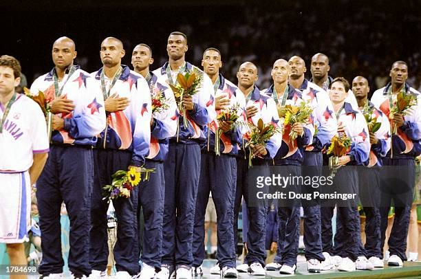 General view of the United States men''s basketball team as they line up before a match against Yugoslavia at the Summer Olympics in the Georgia Dome...