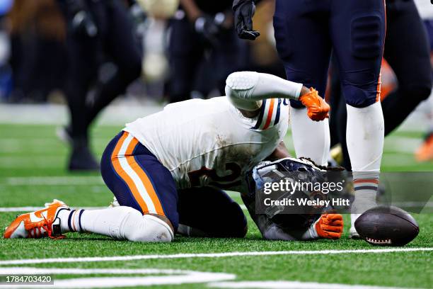 DOnta Foreman of the Chicago Bears pounds the ground after coming close to running for a touchdown during a game against the New Orleans Saints at...