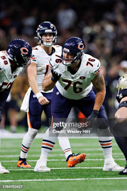 Teven Jenkins of the Chicago Bears at the line of scrimmage during a game against the New Orleans Saints at Caesars Superdome on November 5, 2023 in...