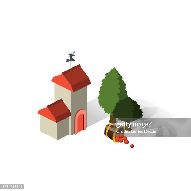 isometric european farmhouse - european barns - small town - villages in europe - destination europe - travel spot - locations - places in europe - european architecture - travel rentals - english farmhouse stock illustrations