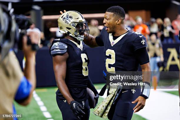 Jameis Winston of the New Orleans Saints on the sidelines during a game against the Chicago Bears at Caesars Superdome on November 5, 2023 in New...