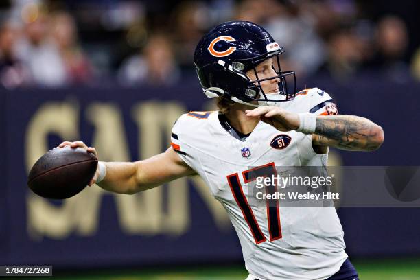 Tyson Bagent of the Chicago Bears throws a pass during a game against the New Orleans Saints at Caesars Superdome on November 5, 2023 in New Orleans,...