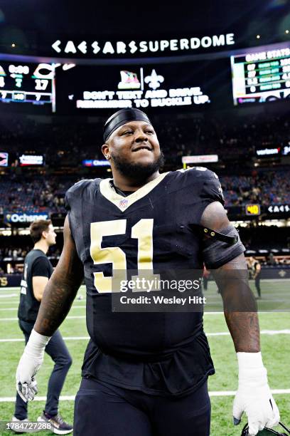 Cesar Ruiz of the New Orleans Saints walks off the field after a game against the Chicago Bears at Caesars Superdome on November 5, 2023 in New...
