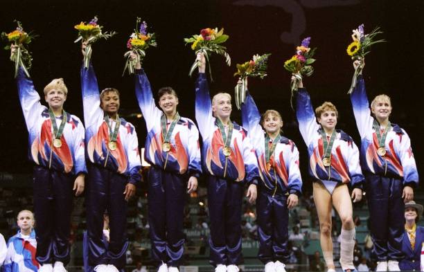 General view of the United States women''s gymnastics team after winning the gold medal in team optionals at the Summer Olympics in the Georgia Dome...