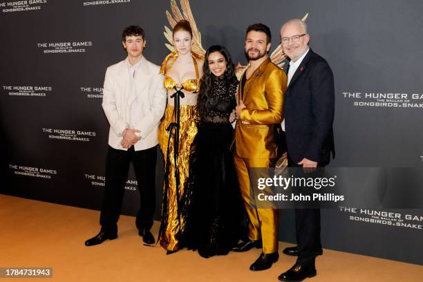 Tom Blyth, Hunter Schafer, Rachel Zegler, Jose Andres Rivera and director Francis Lawrence attend the World Premiere of "The Hunger Games: The Ballad...
