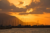 Sunset over marina in Polis, Cyprus.