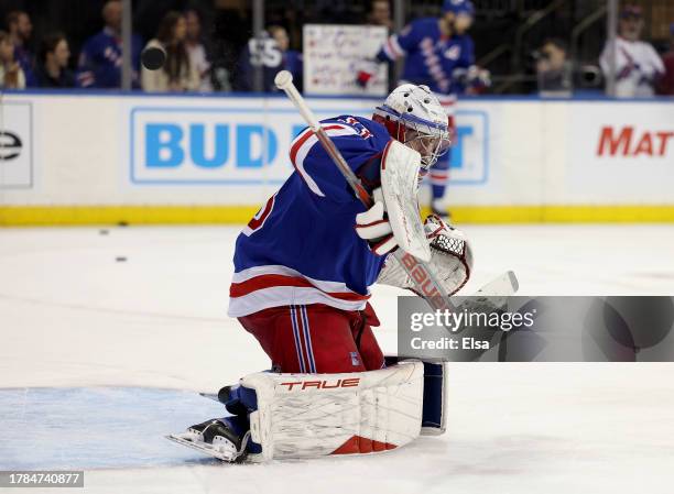 Dylan Garand of the New York Rangers warms up before the game against the Minnesota Wild at Madison Square Garden on November 09, 2023 in New York...