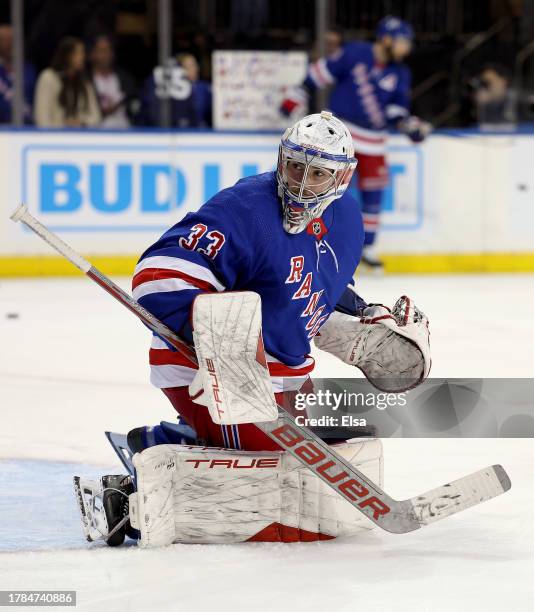 Dylan Garand of the New York Rangers warms up before the game against the Minnesota Wild at Madison Square Garden on November 09, 2023 in New York...