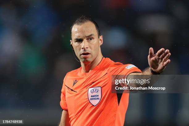 The Referee Jerome Brisard of France reacts during the UEFA Europa League match between Atalanta BC and SK Sturm Graz at Stadio di Bergamo on...