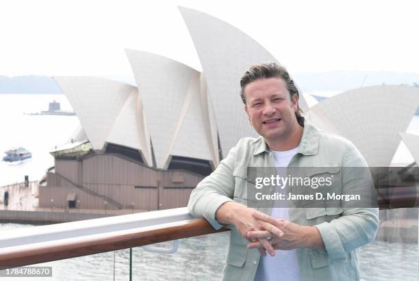 British chef Jamie Oliver poses for a photo before an exclusive brunch at Jamie's Italian onboard Royal Caribbean's Ovation of the Seas on November...