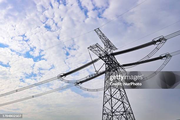 Section of a high-voltage transmission line in Qingzhou City, East China's Shandong Province, Nov 8, 2023.