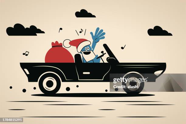 happy blue santa claus delivers gifts in a car waves hello and wishes you a merry christmas and a happy new year - santa waving stock illustrations