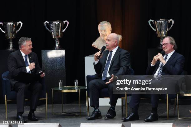 Eddie McGuire , Leigh Matthews and Kevin Sheedy speak during the Victoria State Memorial Service Held For Ron Barassi AM at Melbourne Cricket Ground...