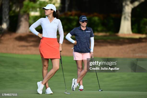 Albane Valenzuela of Switzerland and Sarah Kemp of Australia wait on the fourth green during the first round of The ANNIKA driven by Gainbridge at...