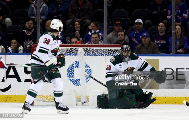 Marc-Andre Fleury of the Minnesota Wild stops a shot during the first period against the New York Rangers at Madison Square Garden on November 09,...