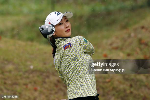 Rei Matsuda of Japan hits her tee shot on the 3rd hole during the second round of Yamaguchi Shunan Ladies Cup at Shunan Country Club on November 10,...