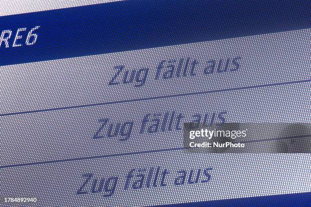 Departure information screen is displayed bahn canncelling signs at Cologne central station, in Cologne, Germany on Nov.15.2023 as GDL labor union...