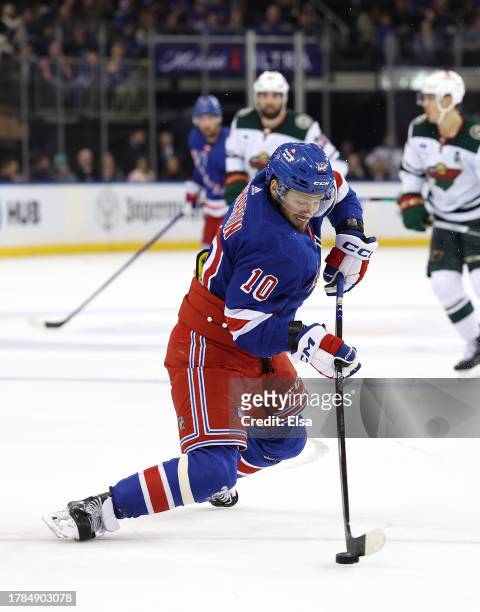 Artemi Panarin of the New York Rangers attempts a last second shot during the second period against the Minnesota Wild at Madison Square Garden on...