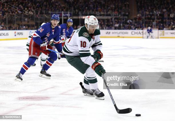 Vinni Lettieri of the Minnesota Wild takes the puck during the second period against the New York Rangers at Madison Square Garden on November 09,...