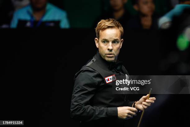 Ali Carter of England reacts in the quarter-final match against Ronnie O'Sullivan of England on Day 5 of the 2023 International Championship at the...