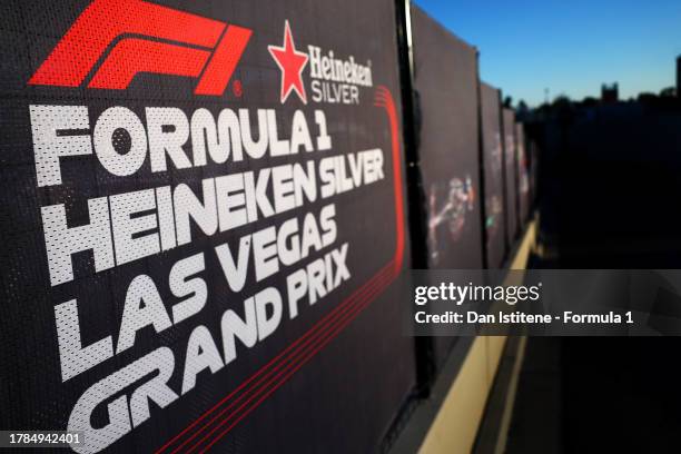 General view of track branding prior to the F1 Grand Prix of Las Vegas on November 09, 2023 in Las Vegas, Nevada.