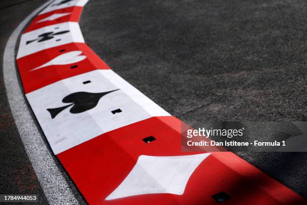 Detail view of the kerbs at turn one displaying the four playing card suits prior to the F1 Grand Prix of Las Vegas on November 09, 2023 in Las...