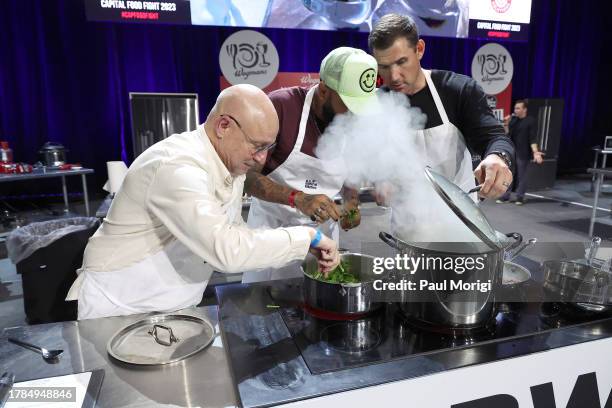 Tom Colicchio, Justin Sutherland and Ryan Zimmerman participate in Capitol Food Fight 2023 at The Anthem on November 09, 2023 in Washington, DC.