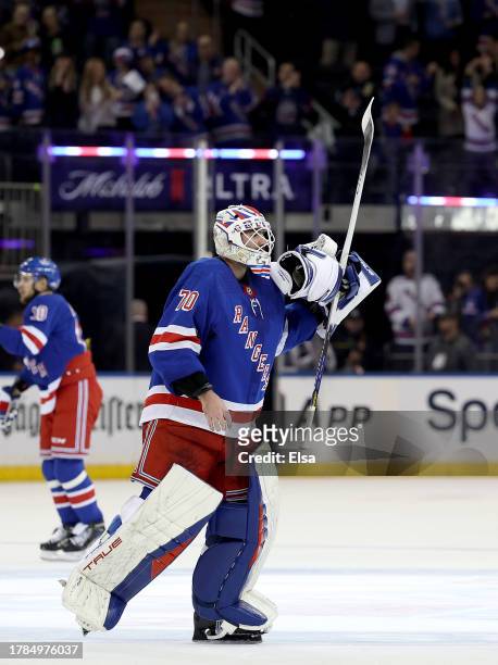 Louis Domingue of the New York Rangers celebrates the win over the Minnesota Wild after the game at Madison Square Garden on November 09, 2023 in New...