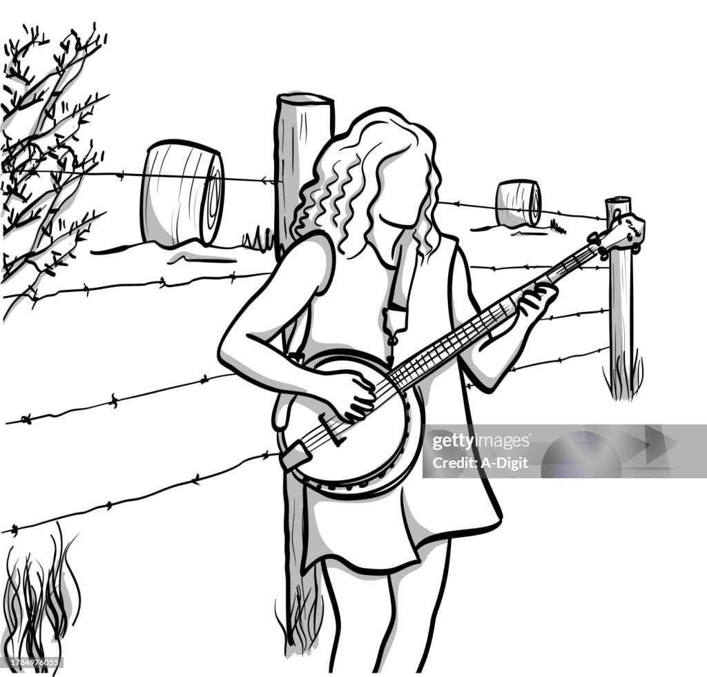 Banjo Player Countryside Sketch