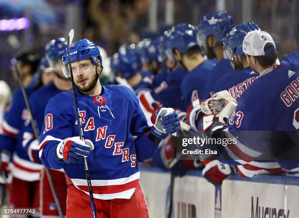 Artemi Panarin of the New York Rangers celebrates his empty net goal during the third period against the Minnesota Wild at Madison Square Garden on...