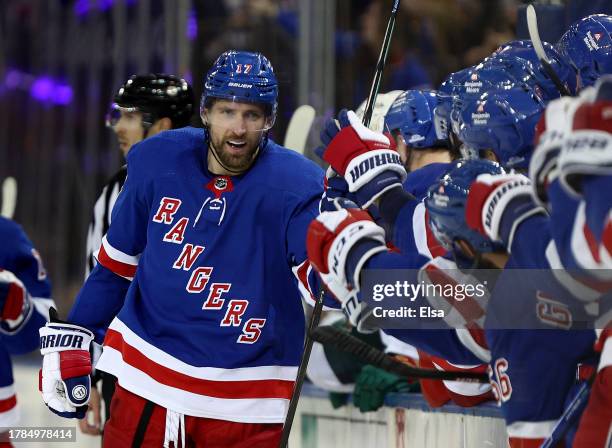 Blake Wheeler of the New York Rangers celebrates his goal during the third period at Madison Square Garden on November 09, 2023 in New York City. The...