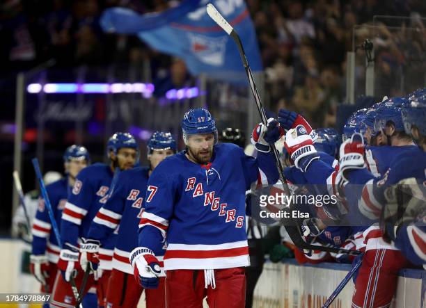 Blake Wheeler of the New York Rangers celebrates his goal during the third period at Madison Square Garden on November 09, 2023 in New York City. The...