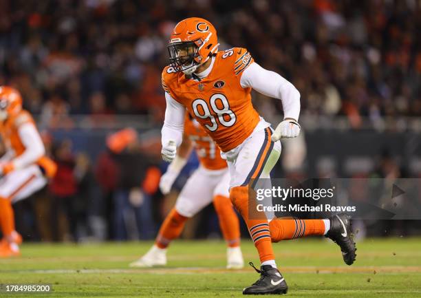 Montez Sweat of the Chicago Bears rushes the quarterback during the second quarter against the Carolina Panthers at Soldier Field on November 09,...