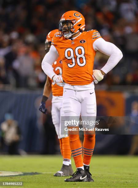 Montez Sweat of the Chicago Bears looks on during the second quarter against the Carolina Panthers at Soldier Field on November 09, 2023 in Chicago,...