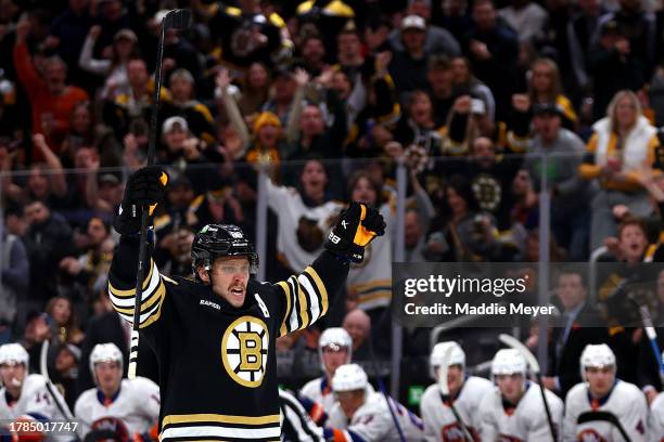 David Pastrnak of the Boston Bruins celebrates after scoring a goal against the New York Islanders during the third period at TD Garden on November...