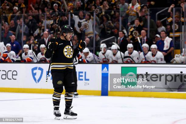 David Pastrnak of the Boston Bruins celebrates after scoring a goal against the New York Islanders during the third period at TD Garden on November...