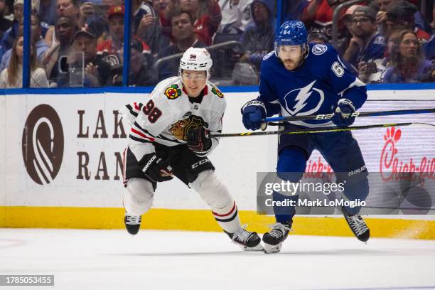 Connor Bedard of the Chicago Blackhawks against the Tampa Bay Lightning during the second period at Amalie Arena on November 9, 2023 in Tampa,...