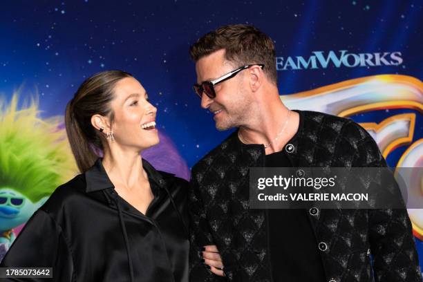 Singer/songwriter Justin Timberlake and wife, actress Jessica Biel, attend the the special screening of Universal Pictures' "Trolls: Band Together"at...