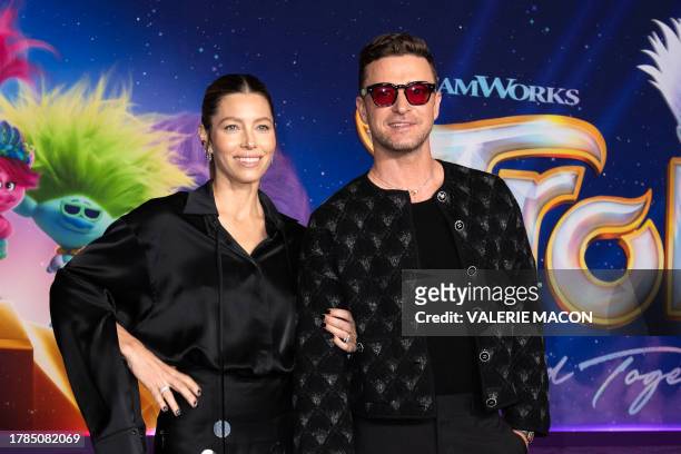 Singer/songwriter Justin Timberlake and wife, actress Jessica Biel, attend the the special screening of Universal Pictures' "Trolls: Band Together"at...