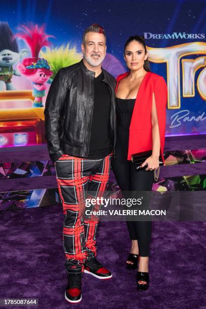 Singer Joey Fatone and girlfriend Izabel Araujo arrive for the premiere of "Trolls: Band Together" at the TCL Chinese Theater in Hollywood,...