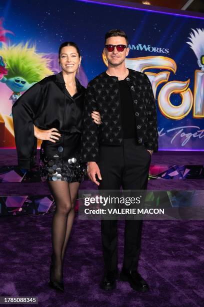 Singer/songwriter Justin Timberlake and wife, actress Jessica Biel, attend the the special screening of Universal Pictures' "Trolls: Band Together"at...