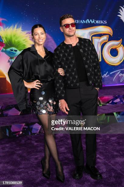 Singer/songwriter Justin Timberlake and wife, actress Jessica Biel, attend the the special screening of Universal Pictures' "Trolls: Band Together"at...