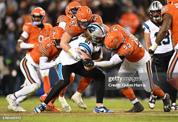 Hayden Hurst of the Carolina Panthers is tackled after a catch during the second half against the Chicago Bears at Soldier Field on November 09, 2023...