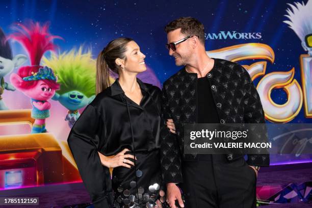 Singer/songwriter Justin Timberlake and wife, actress Jessica Biel, attend the the special screening of Universal Pictures' "Trolls: Band Together"at...