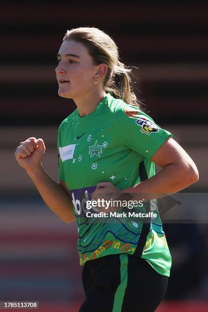 Annabel Sutherland of the Stars celebrates taking the wicket of Tahlia Wilson of the Thunder during the WBBL match between Sydney Thunder and...