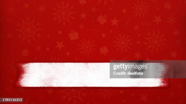silver white colored scribbled creative brush stroke blank label or lower third over dark red maroon horizontal festive christmas backgrounds for greeting cards, posters and banners templates with snowflakes, swirls and star gift box as faint watermark - lower third stock illustrations